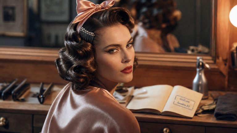 Coiffure année 50 : pin curls brillants devant un miroir
