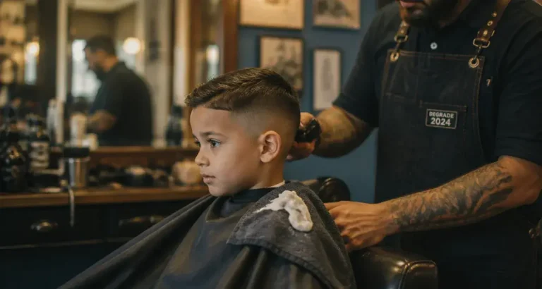 Coupe garcon 2024 : dégradé américain mid-fade en salon de coiffure