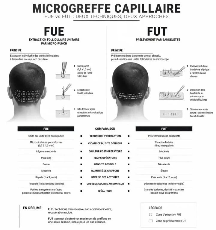 Comparaison des techniques de microgreffe capillaire FUE et FUT pour la restauration capillaire