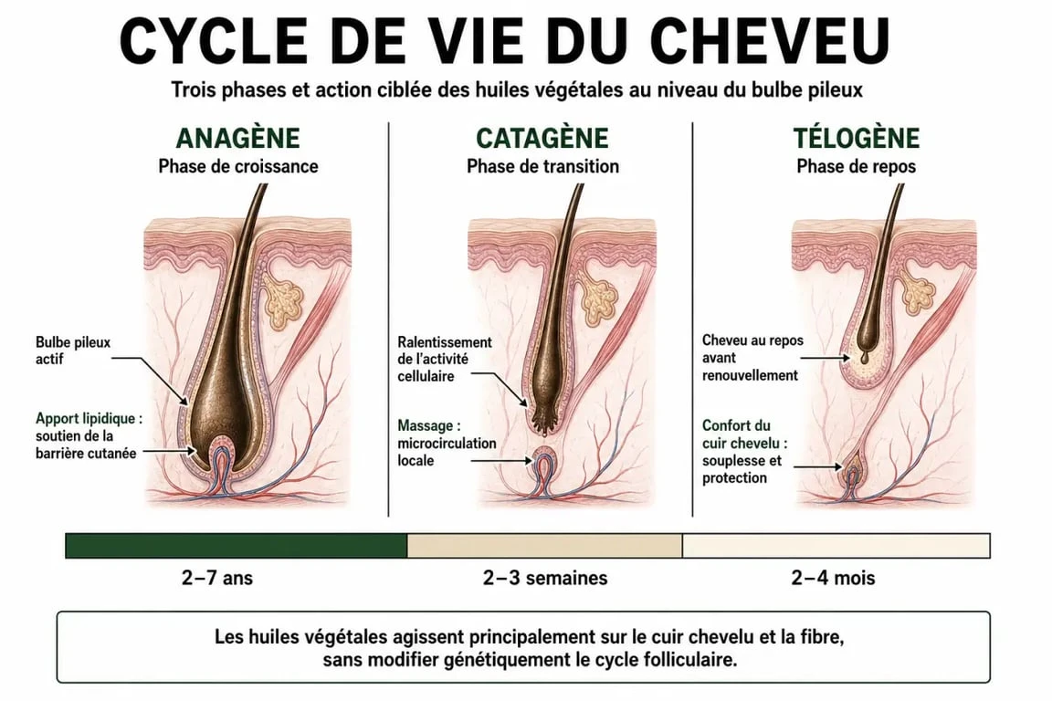 Infographie explicative sur le cycle de vie du cheveu et les bienfaits des huiles pour la pousse des cheveux