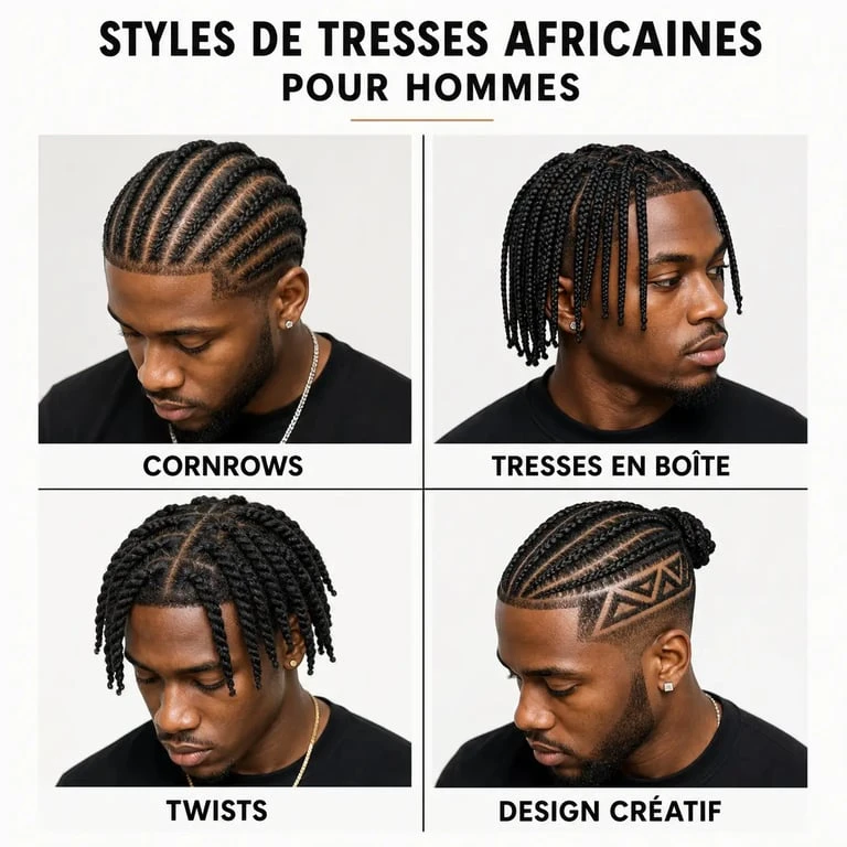 Différents styles de tresses africaines pour homme : cornrows, box braids et vanilles