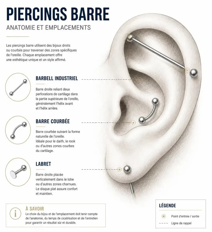Schéma explicatif des différents types de piercing barre pour oreille : labret, industriel et barre courbée.