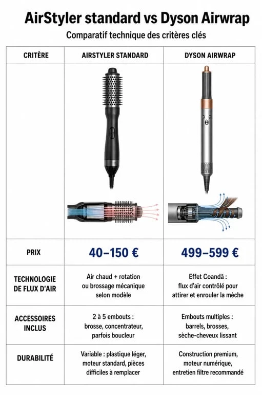 Tableau comparatif des caractéristiques techniques entre un AirStyler et un Dyson Airwrap pour choisir son appareil coiffant.