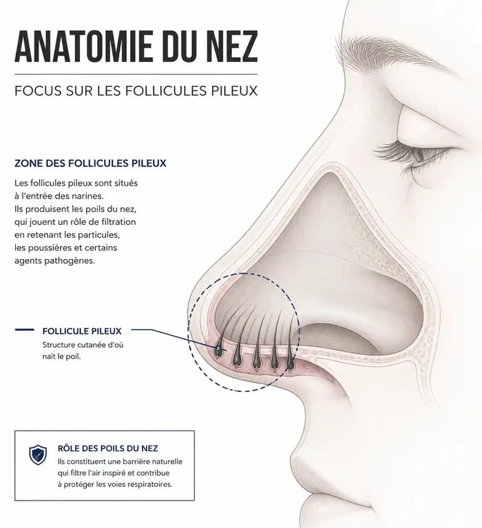 Schéma anatomique expliquant la pousse du poil sur le nez et les zones de follicules pileux