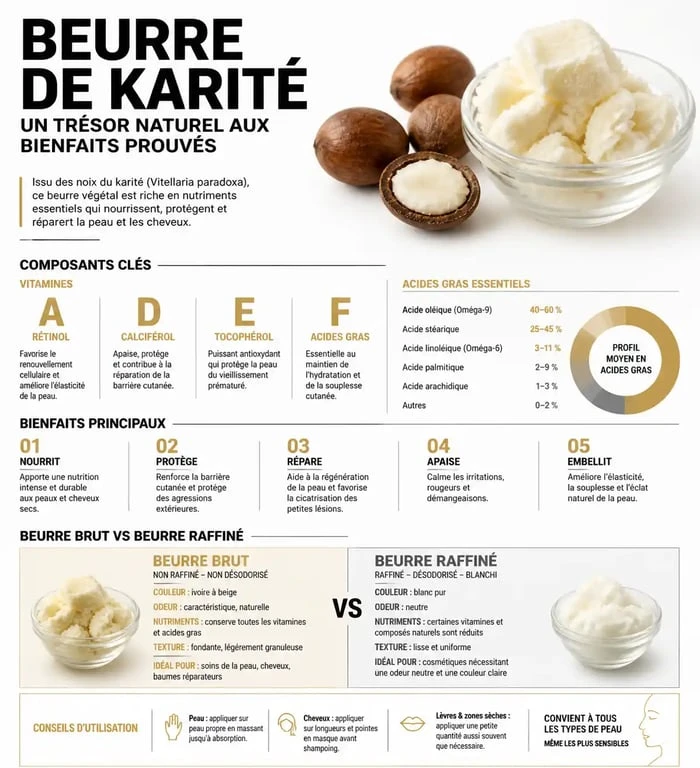 Infographie sur les bienfaits et l'utilisation du beurre de karité pour la peau et les cheveux