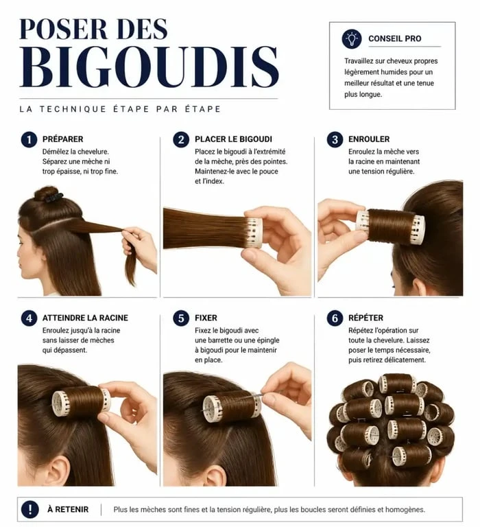 Illustration étape par étape pour apprendre comment mettre des bigoudis dans les cheveux