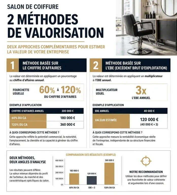 Infographie des méthodes de valorisation pour la vente d'un salon de coiffure