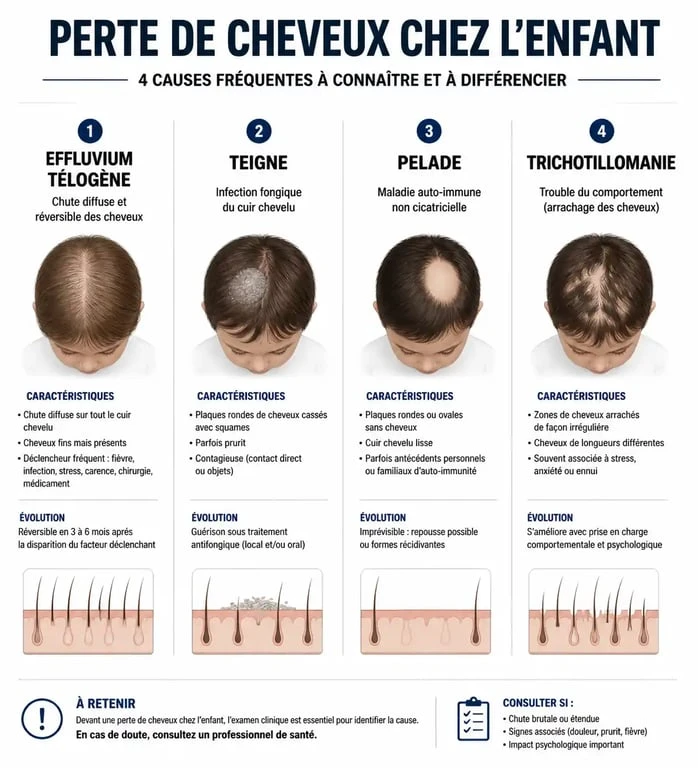 Infographie des causes de perte de cheveux chez l'enfant : effluvium télogène, teigne, pelade et trichotillomanie.