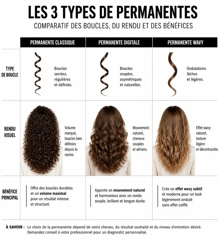 Infographie comparative des différents types de permanente capillaire pour choisir la technique adaptée à sa nature de cheveux.