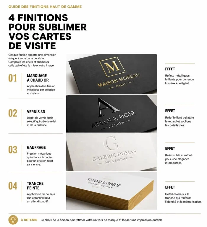 Exemples de finitions pour carte de visite luxe : dorure, vernis 3D et gaufrage