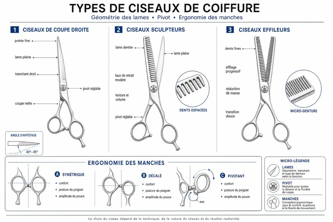 Schéma comparatif des différents types de ciseaux de coiffure et leurs usages professionnels