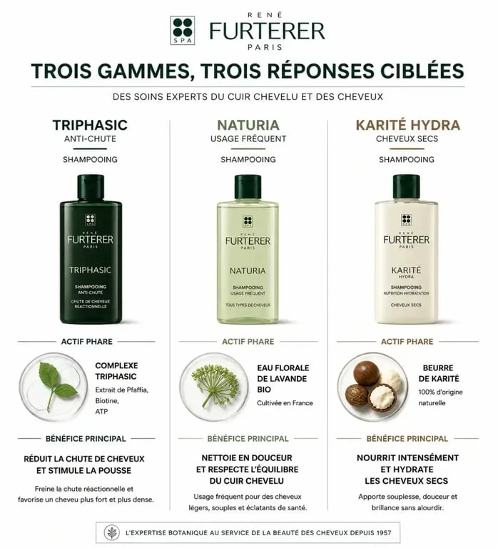 Infographie comparative des gammes de shampoings René Furterer : Triphasic, Naturia et Karité Hydra pour choisir le soin adapté.