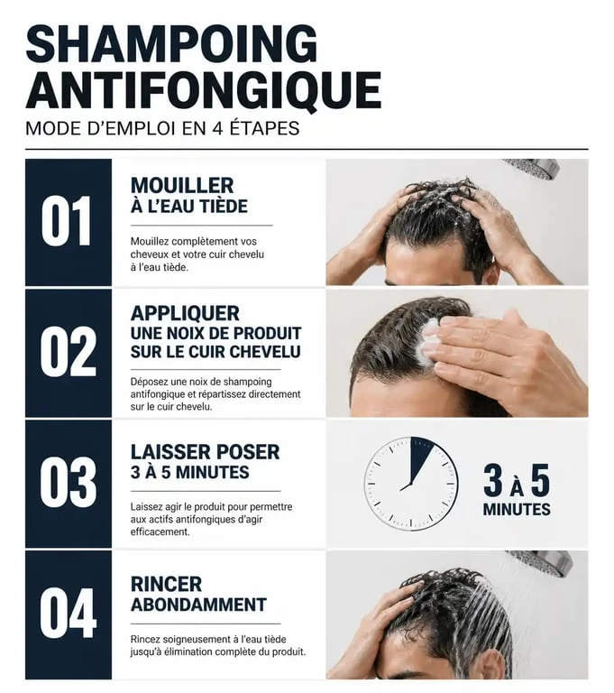 Étapes d'application d'un shampoing antifongique sans ordonnance pour traiter les mycoses du cuir chevelu