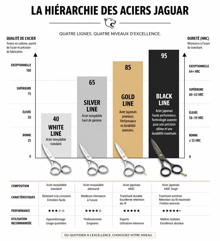Infographie comparative des gammes de ciseaux de coiffure Jaguar : White Line, Silver Line, Gold Line et Black Line