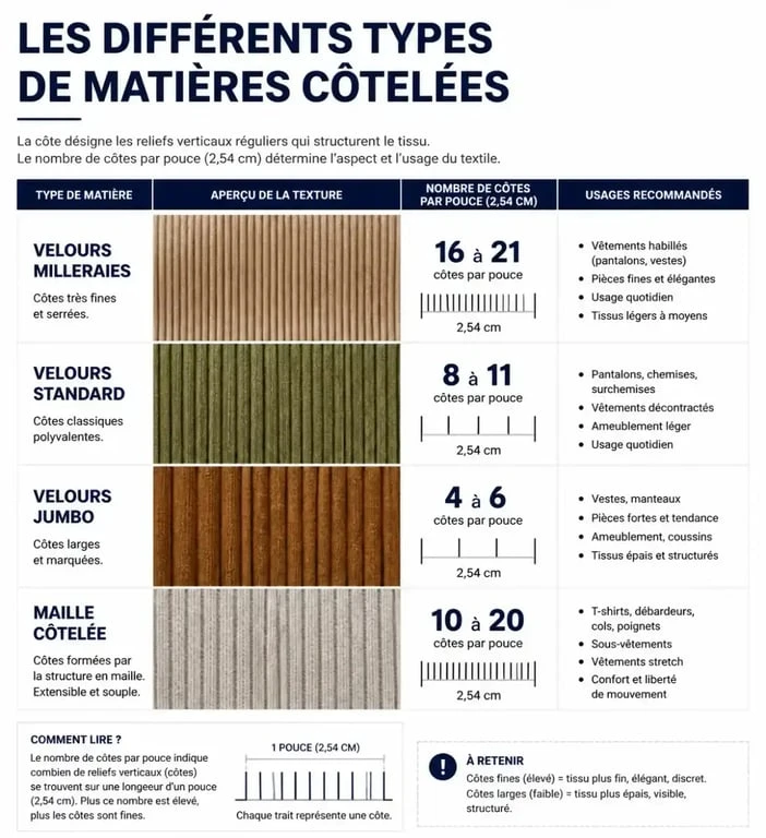 Infographie comparative des types de matières côtelées : velours milleraies, standard, jumbo et maille pour le choix de tissus.