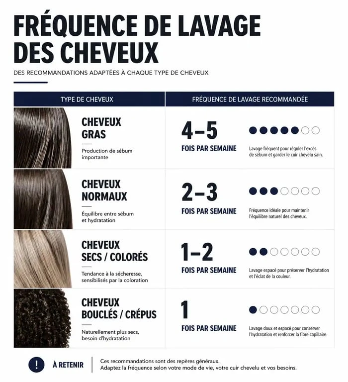 Infographie récapitulant combien de shampoing par semaine selon le type de cheveux pour une routine capillaire équilibrée.