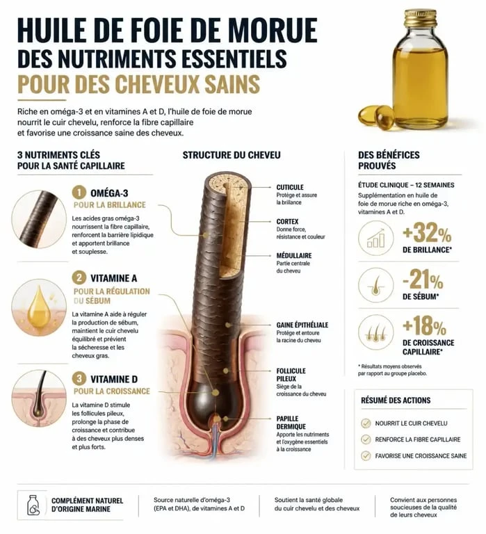 Infographie des bienfaits de l'huile de foie de morue pour les cheveux et la croissance capillaire