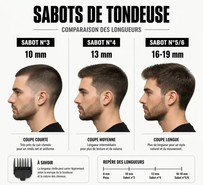 Comparatif des longueurs de buzz cut longue selon le numéro de sabot : rendu visuel pour 10mm, 13mm et 19mm.