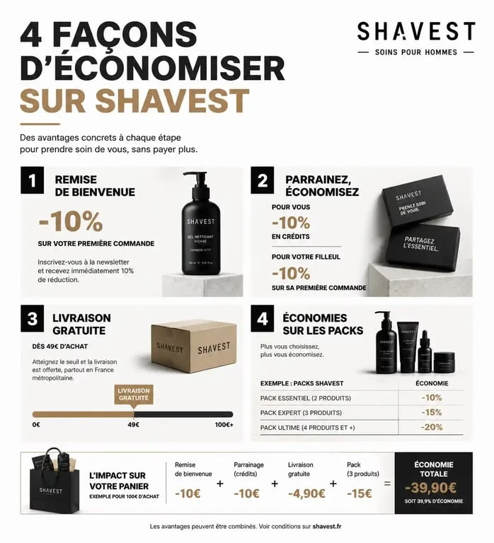 Infographie récapitulative des codes promo et offres de réduction Shavest pour économiser sur vos achats de rasoirs