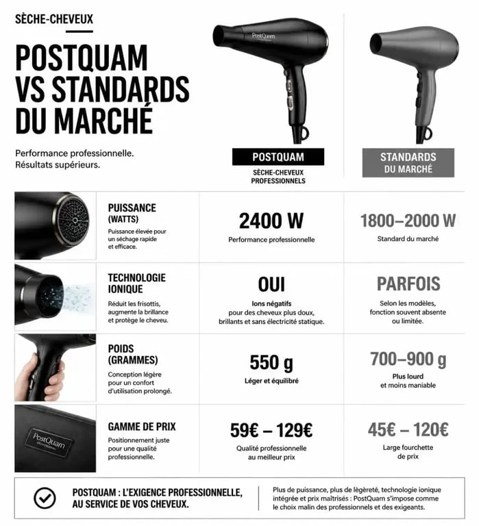 Infographie comparative des caractéristiques techniques des sèche-cheveux PostQuam pour aider à choisir son appareil.