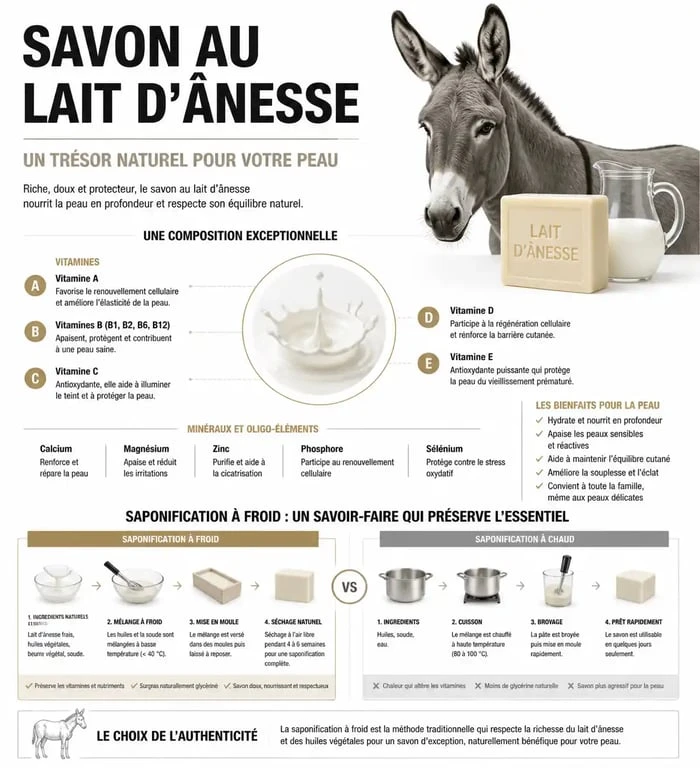 Infographie sur les bienfaits et la composition naturelle du savon au lait d'ânesse pour la santé de la peau