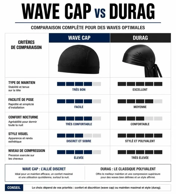 Infographie comparative entre wave cap et durag pour obtenir des waves
