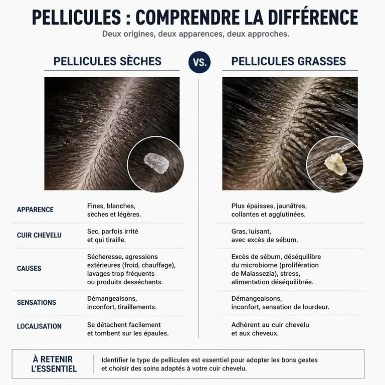 Infographie comparative pour identifier les pellicules sèches et grasses afin de mieux savoir comment se débarrasser des pellicules.