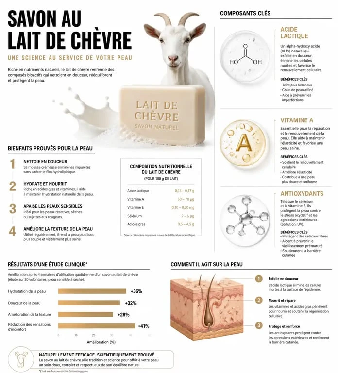 Infographie des bienfaits du savon au lait de chèvre pour la peau : acide lactique, vitamines et propriétés régénératrices