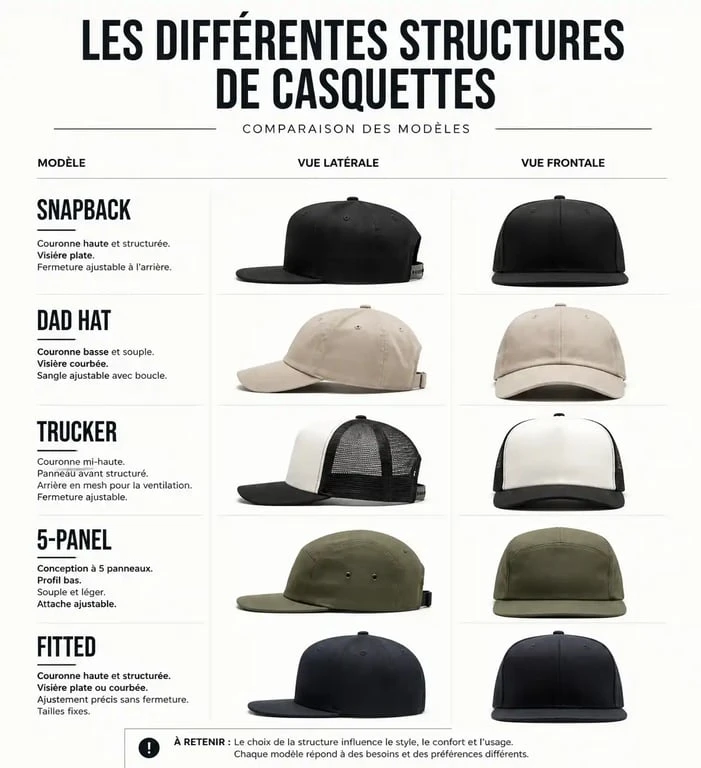 Infographie comparative des différents types de casquettes : Snapback, Dad Hat, Trucker, 5-Panel et Fitted