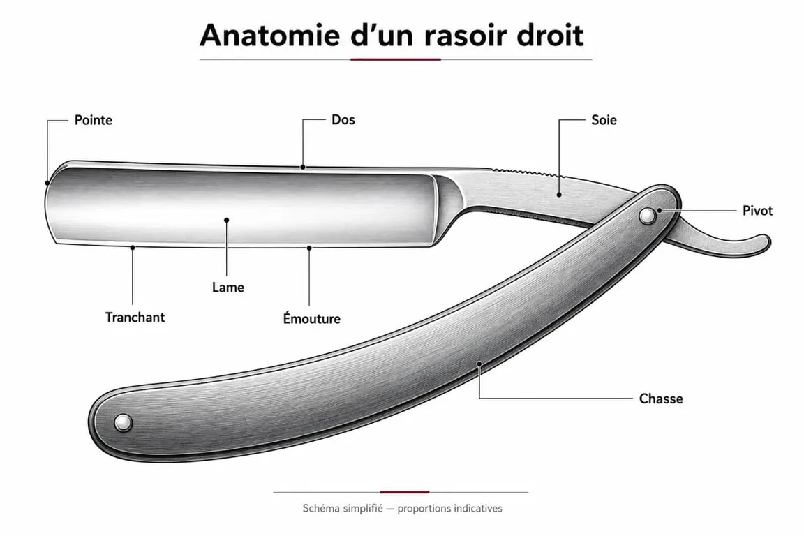 Schéma technique des différents designs de rasoirs droits et leurs composants pour le choix d'un straight razor
