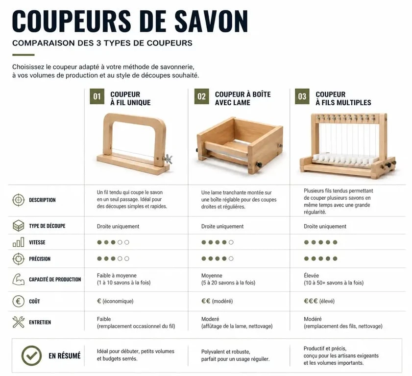 Comparatif des différents types de coupe-savon : fil inox, boîte de coupe et multi-fils pour savon artisanal
