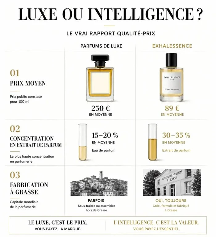 Infographie comparative : Exhalessence avis sur le rapport qualité-prix par rapport aux parfums de luxe