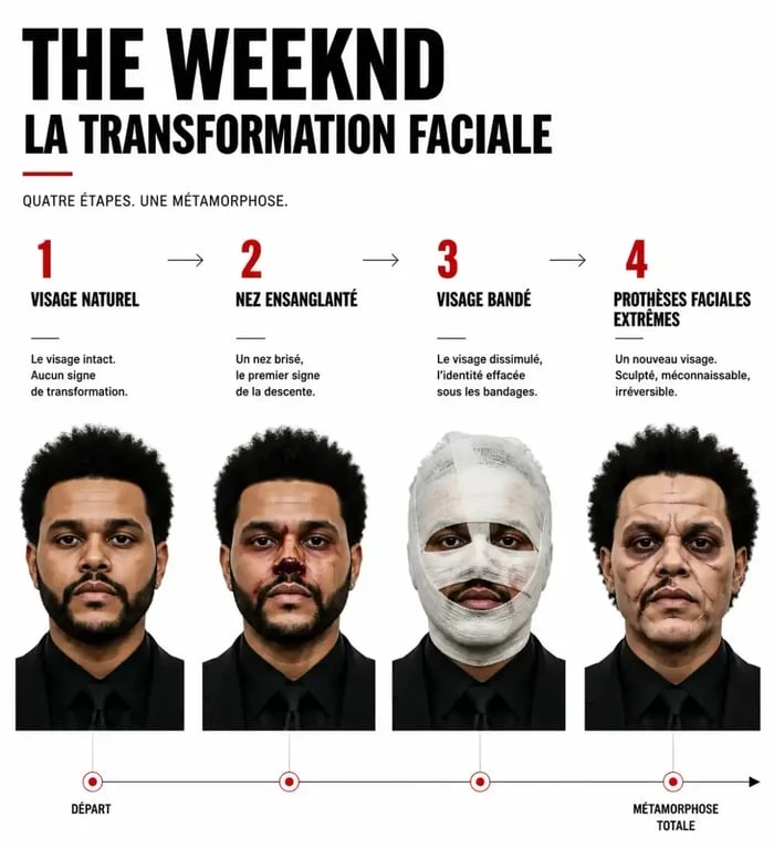 Infographie des étapes de la transformation du visage de The Weeknd