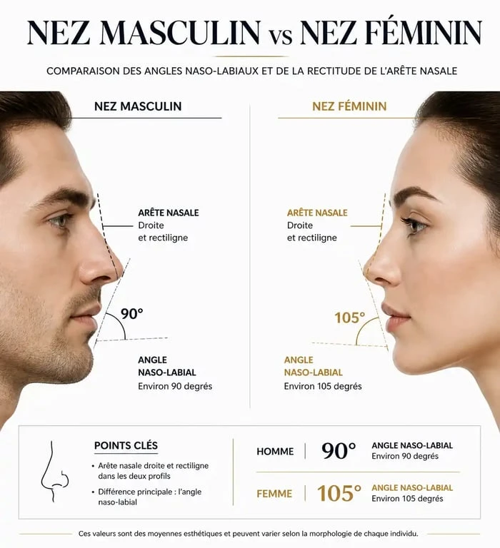 Comparaison des caractéristiques morphologiques du nez droit chez l'homme et du nez féminin pour une rhinoplastie.