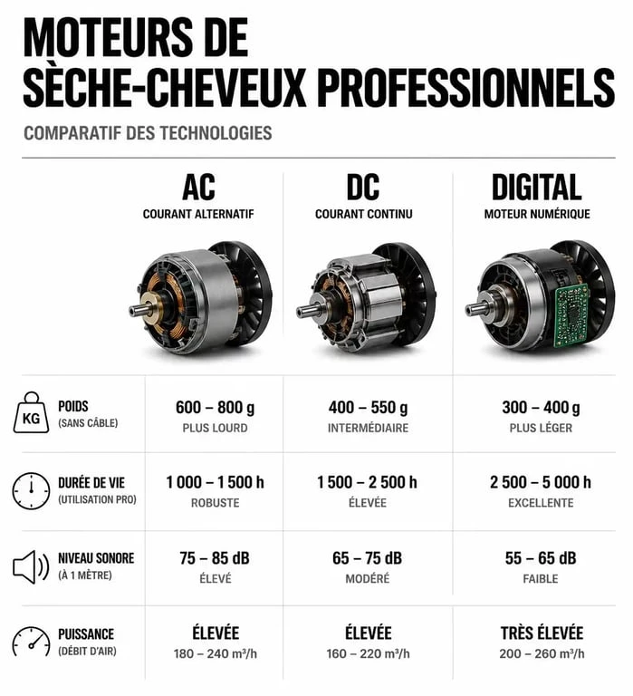 Infographie comparative des technologies de moteurs pour le meilleur sèche-cheveux professionnel