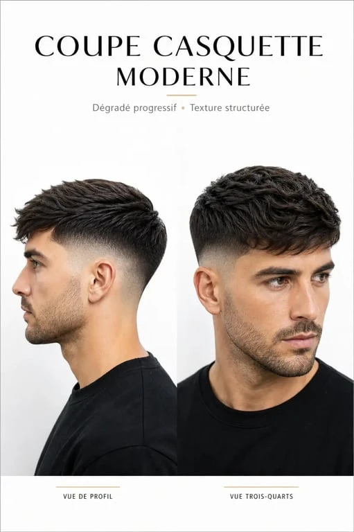 Photo d'une coupe casquette homme moderne avec dégradé et texture sur le dessus