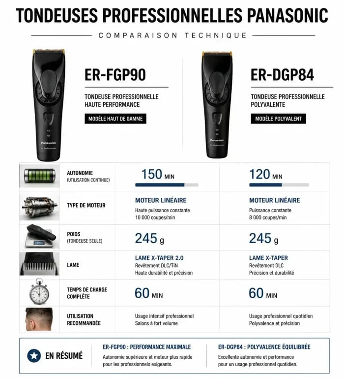 Comparatif technique des tondeuses professionnelles Panasonic ER-FGP90 et ER-DGP84 pour coiffeurs et barbiers
