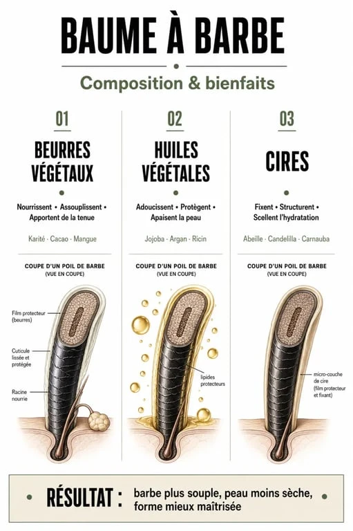 Infographie sur la composition et les bienfaits du baume à barbe pour l'entretien de la barbe