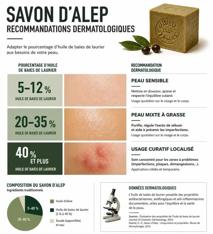 Infographie des recommandations dermatologiques sur le pourcentage d'huile de baies de laurier dans le savon d'Alep pour différents types de peau