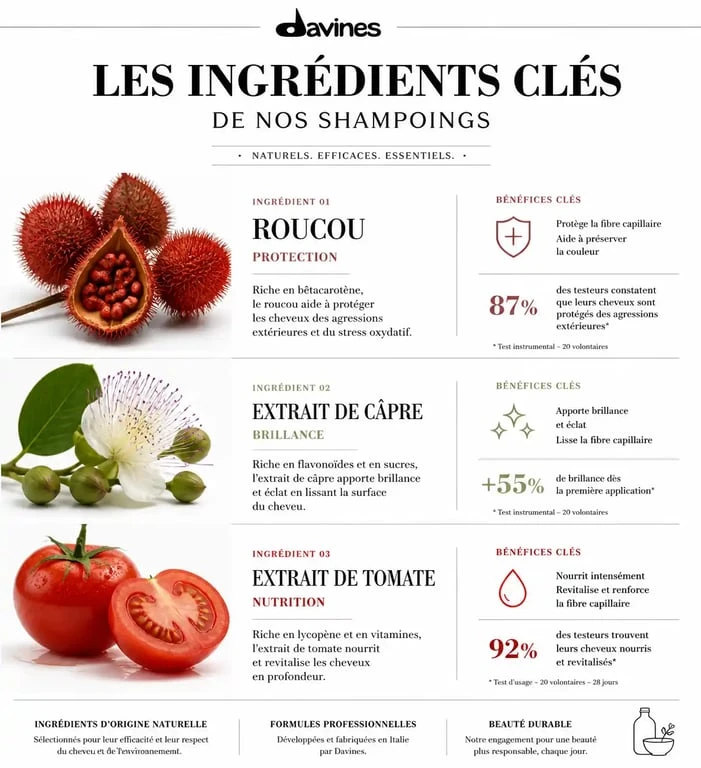 Infographie des ingrédients naturels des shampoings Davines et leurs bienfaits pour les cheveux