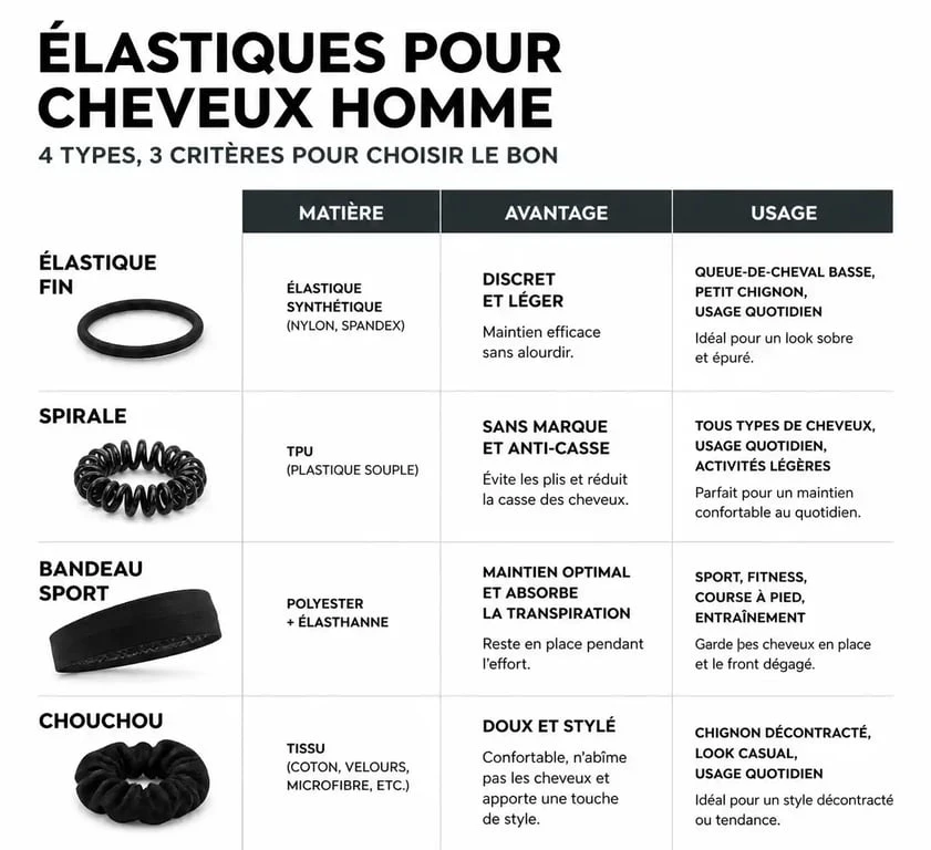 Infographie comparative des types d'élastiques cheveux homme pour choisir le meilleur accessoire