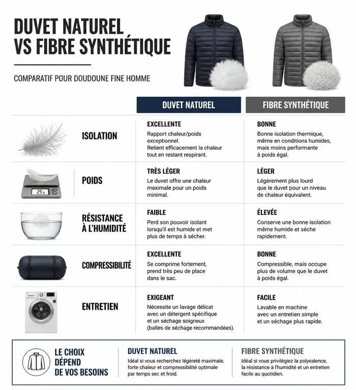 Infographie comparative : duvet naturel vs fibre synthétique pour doudoune fine pour homme
