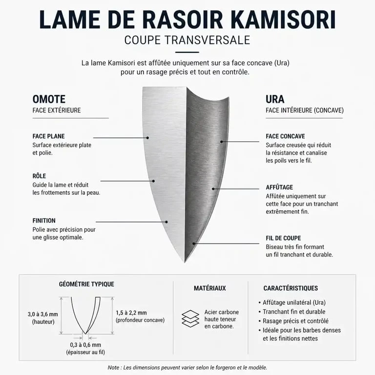 Schéma technique de la géométrie d'une lame de rasoir Kamisori montrant les faces Omote et Ura.