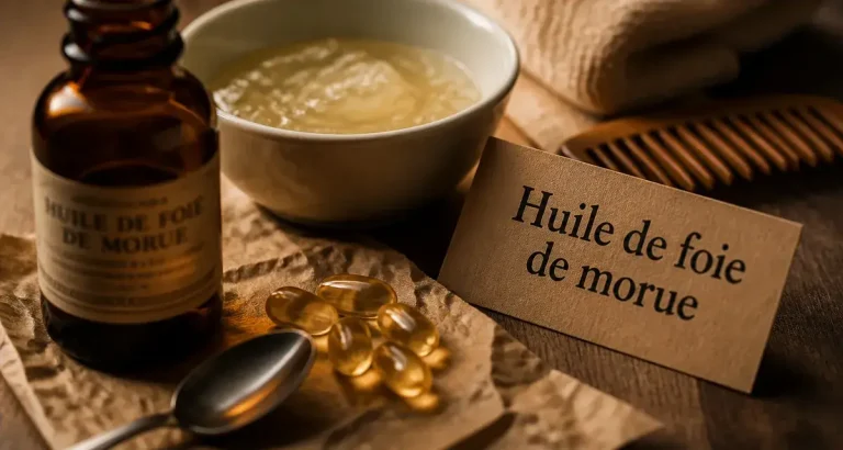 Huile foie de morue bienfaits cheveux : flacon et capsules molles