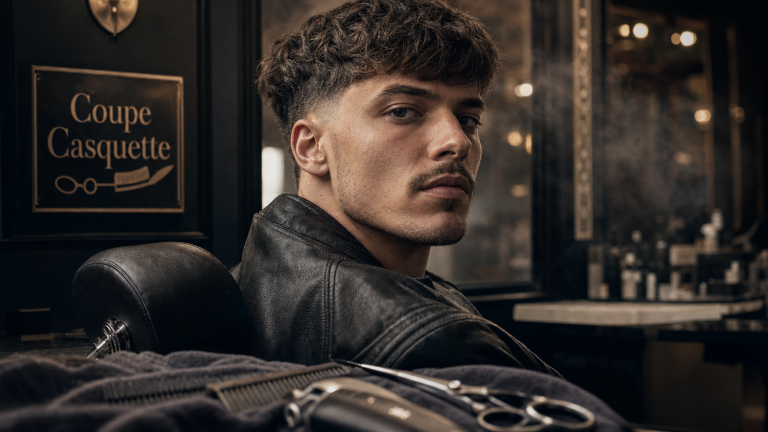 Photo coupe casquette en salon : homme, ciseaux et tondeuse