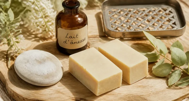 Savon lait d anesse au lait frais, flacon ambré et savon artisanal