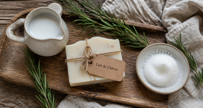 Savon lait de chèvre bienfaits sur plateau bois avec mousse et romarin