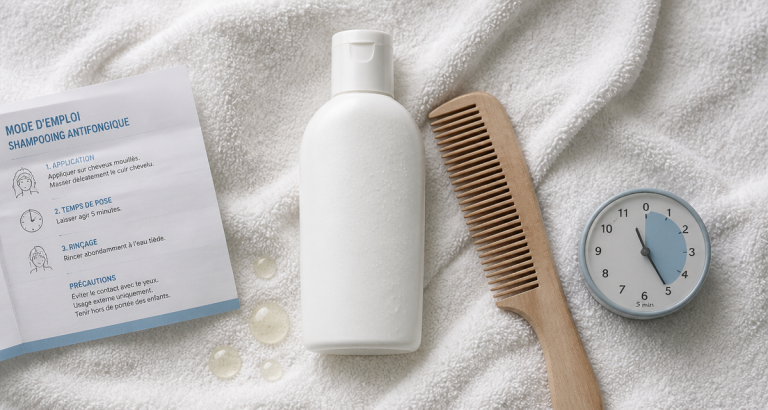 shampoing antifongique sans ordonnance, flacon et accessoires