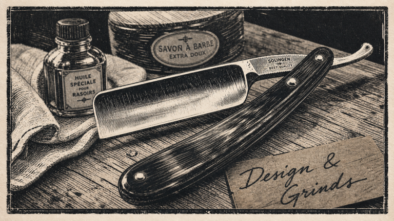 Straight razor designs : coupe-choux acier et finition, vue rapprochée