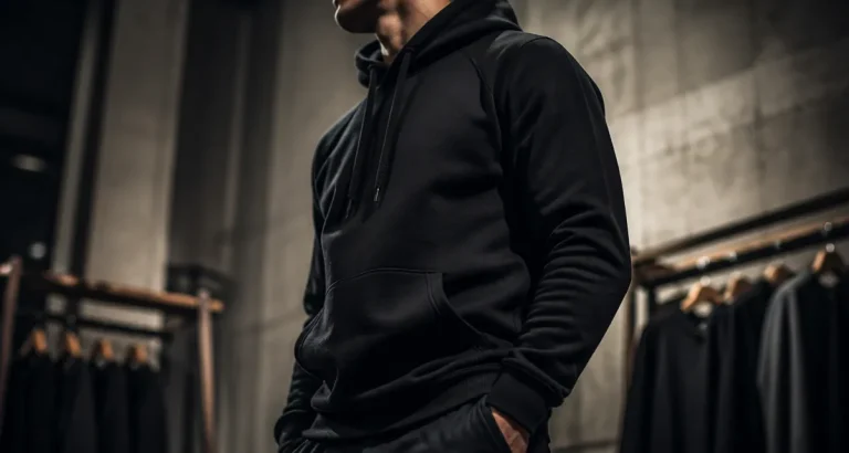 Sweat à capuche noir homme en studio, hoodie noir porté